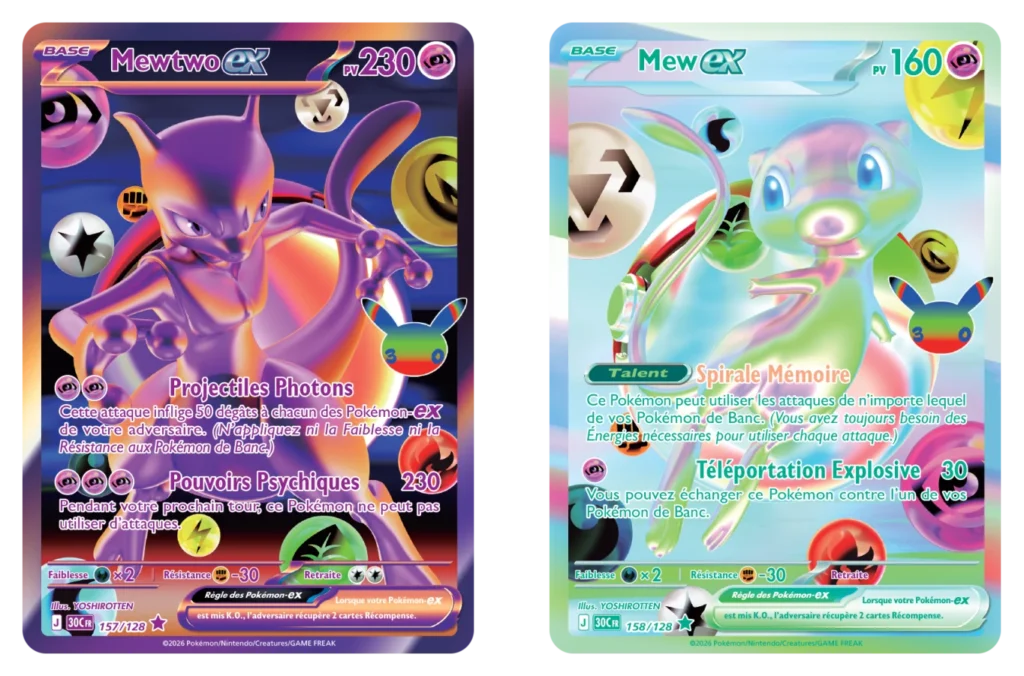 Cartes Mewtwo-ex et Mew-ex en rareté futuriste rare illustrées par YOSHIROTTEN