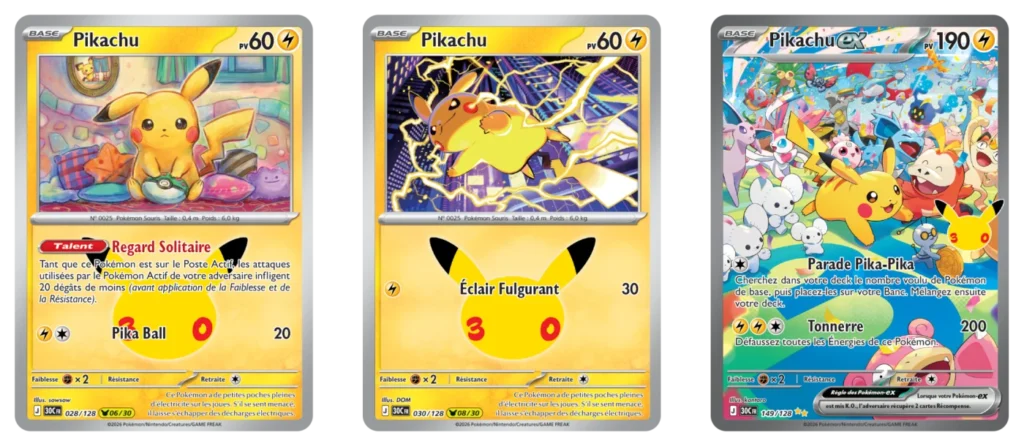 Trois cartes Pikachu de l'extension 30ᵉ Anniversaire du JCC Pokémon
