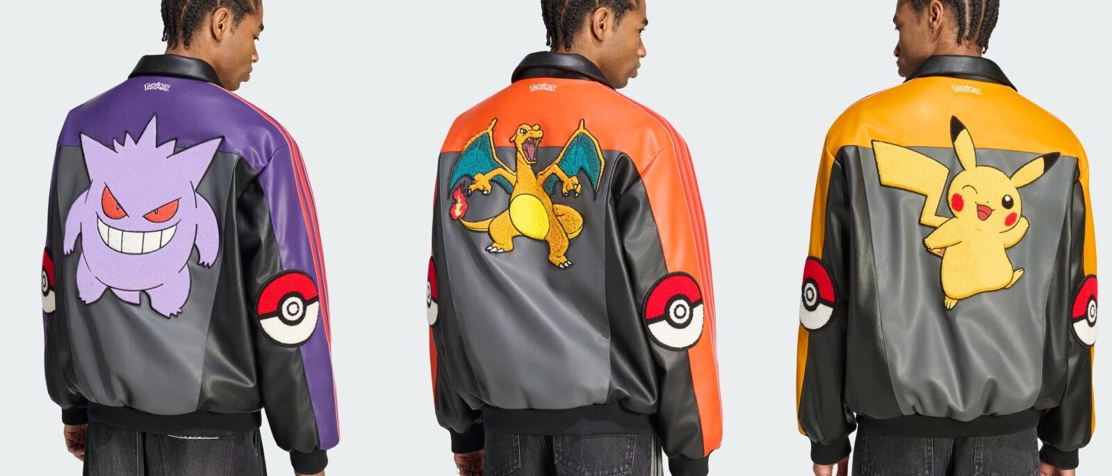 Les trois vestes adidas Originals × Pokémon aux couleurs d'Ectoplasma, Dracaufeu et Pikachu