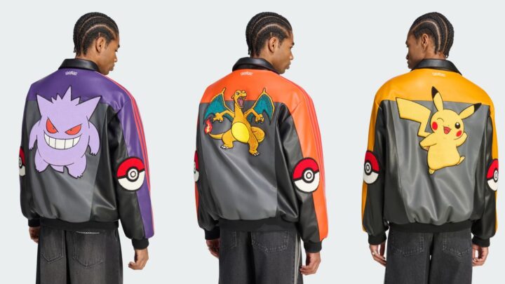 Les trois vestes adidas Originals × Pokémon aux couleurs d'Ectoplasma, Dracaufeu et Pikachu