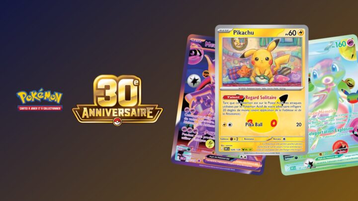 Logo de l'extension 30ᵉ Anniversaire du JCC Pokémon avec les cartes Pikachu, Mewtwo-ex et Mew-ex