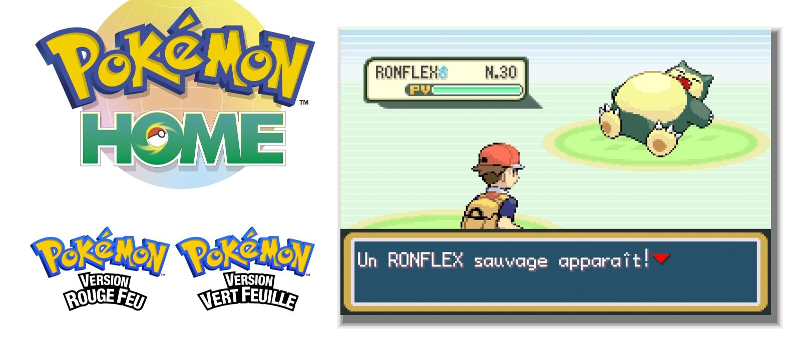 Logos de Pokémon HOME, Pokémon Version Rouge Feu et Vert Feuille avec une capture du jeu