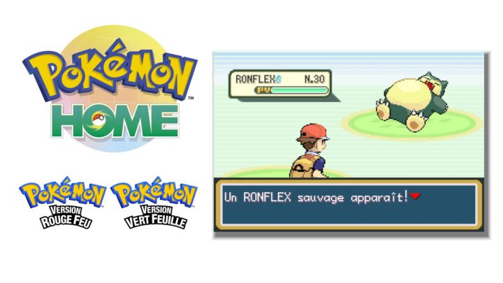 Logos de Pokémon HOME, Pokémon Version Rouge Feu et Vert Feuille avec une capture du jeu