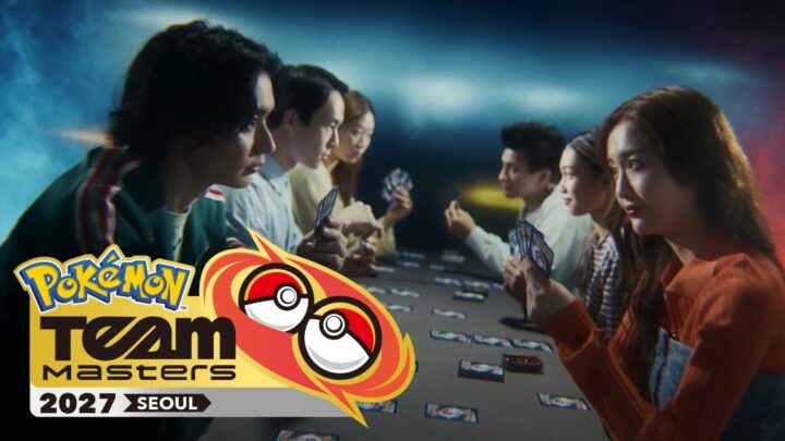 Joueurs du JCC Pokémon en tournoi avec le logo Pokémon Team Masters 2027 Seoul