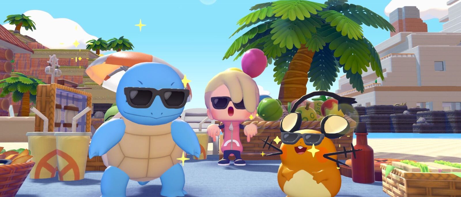 Carapuce et un Pokémon portant des lunettes de soleil dans Pokémon Pokopia