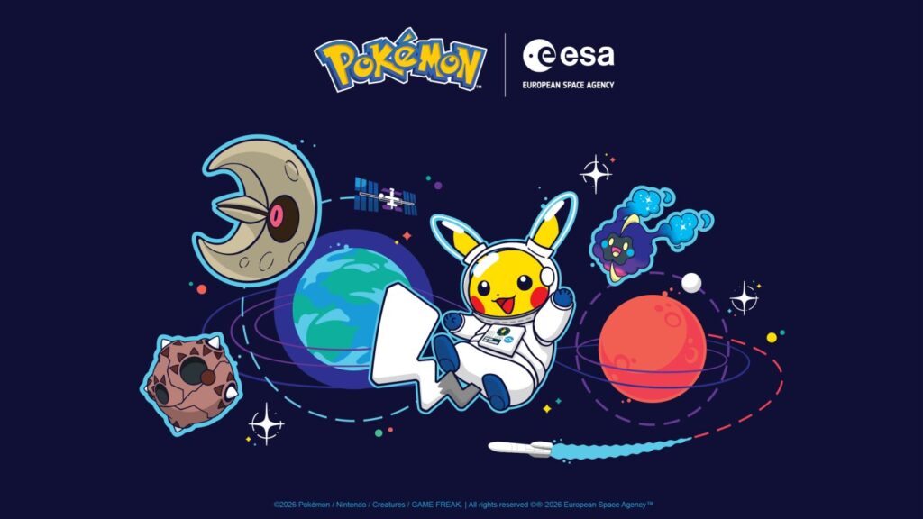 Illustration officielle Pokémon x ESA avec Pikachu astronaute flottant dans l'espace