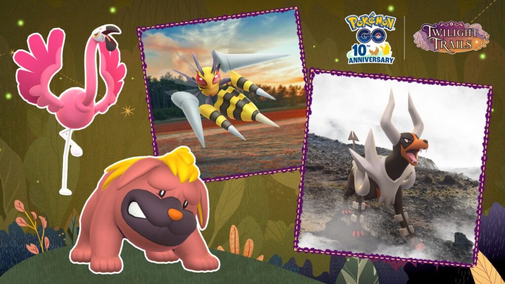 Visuel de l'événement Hordes Méga de Pokémon GO avec Grondogue, Flamenroule, Méga-Dardargnan et Méga-Démolosse