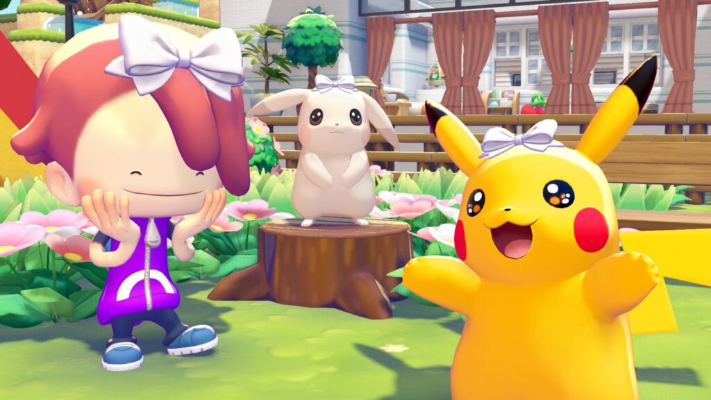 Pikachu et un Pokémon portant des nœuds dans Pokémon Pokopia