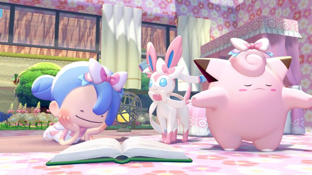 Le ruban Nymphali porté dans Pokémon Pokopia aux côtés de Nymphali et Grodoudou