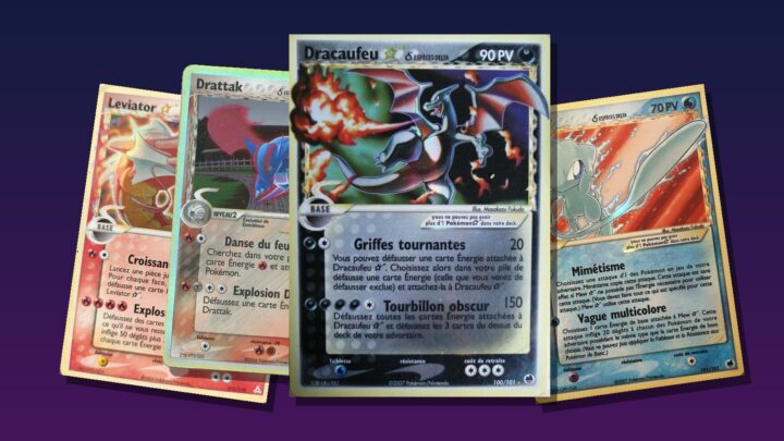 Les cartes Léviator étoile δ, Drattak δ, Dracaufeu étoile δ et Mew étoile δ du JCC Pokémon