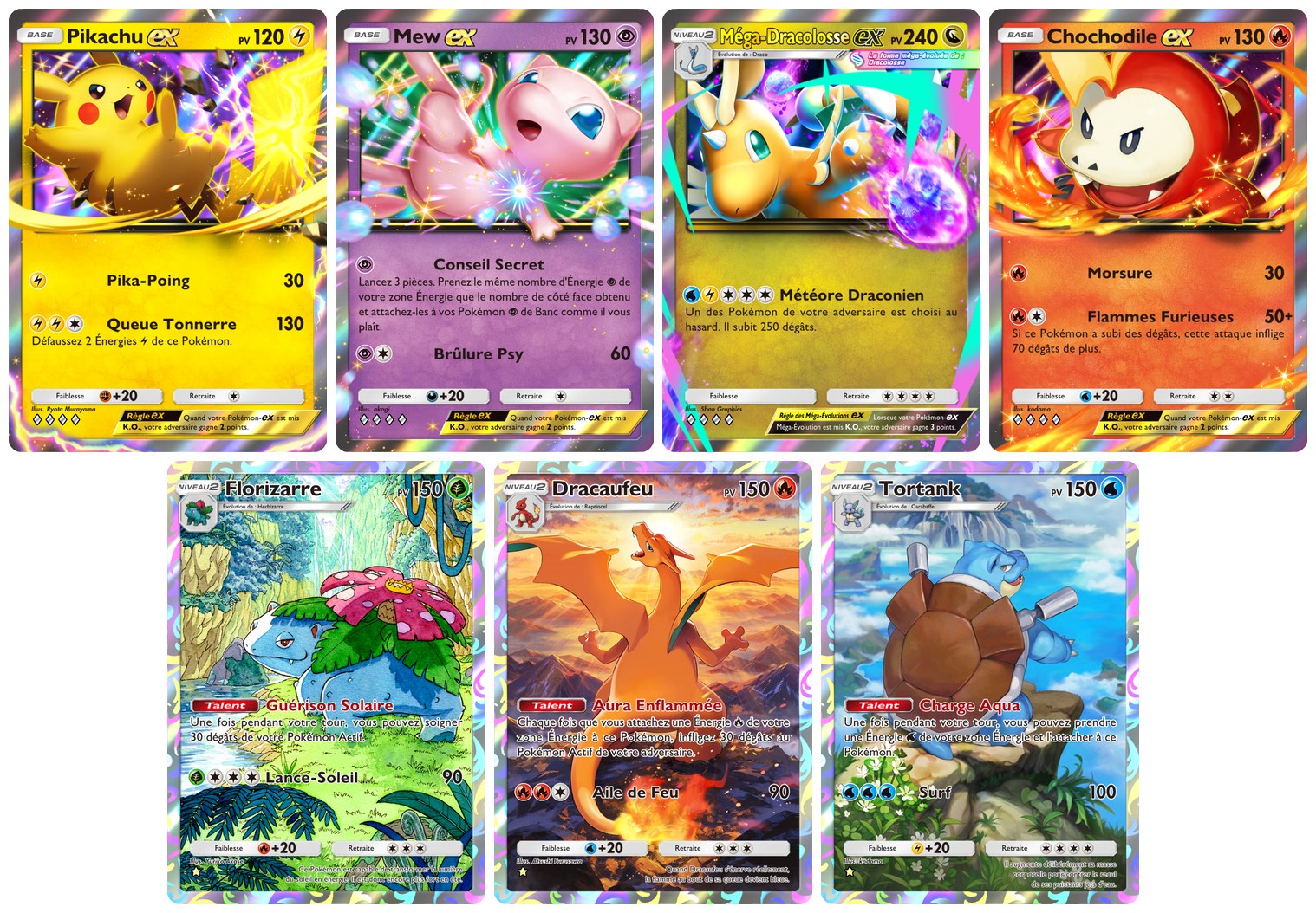 Sept cartes de l'extension Fusion Double : Pikachu ex, Mew ex, Méga-Dracolosse ex, Chochodile ex, Florizarre, Dracaufeu et Tortank
