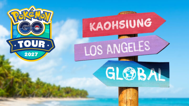 Visuel officiel du Circuit Pokémon GO 2027 avec les panneaux Kaohsiung, Los Angeles et Global