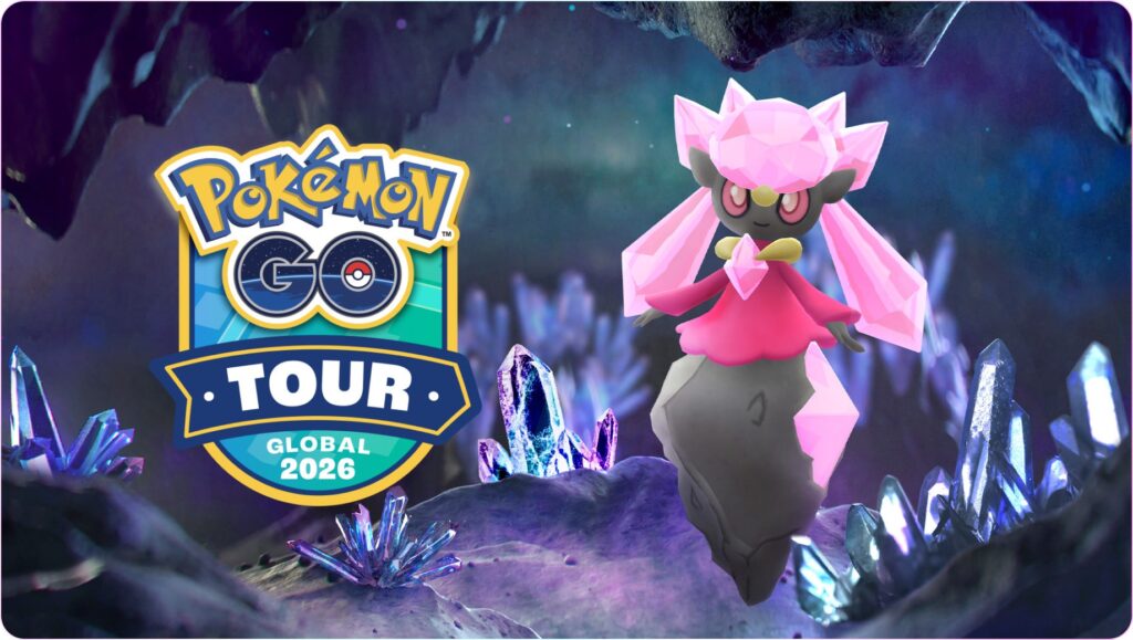 Diancie dans une grotte de cristaux, visuel officiel du Circuit Pokémon GO : Kalos – Mondial 2026