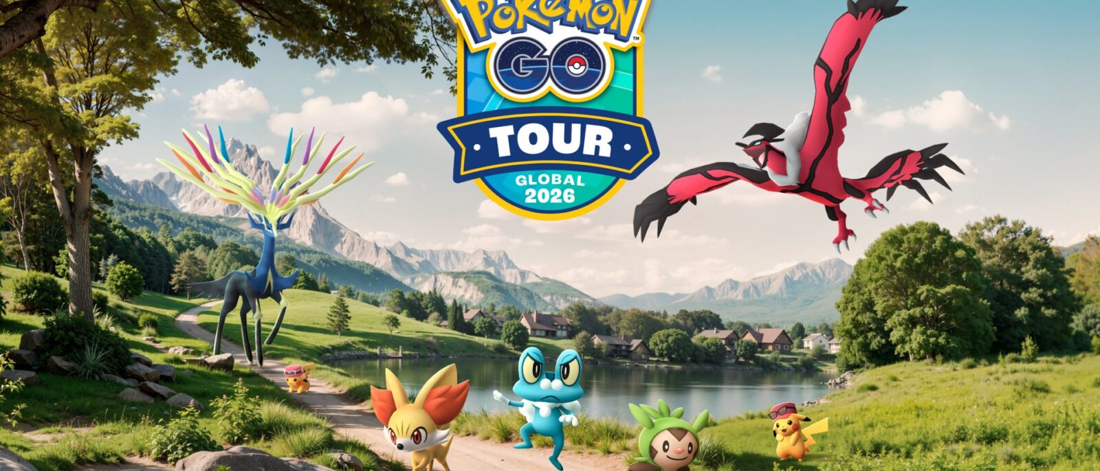 Visuel officiel du Circuit Pokémon GO : Kalos – Mondial 2026 avec Xerneas, Yveltal et les starters de Kalos