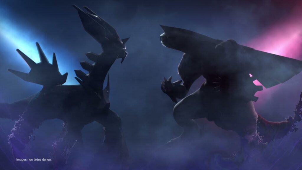 Silhouettes de Dialga et Palkia face à face dans la bande-annonce de Pokémon Diamant Étincelant et Perle Scintillante