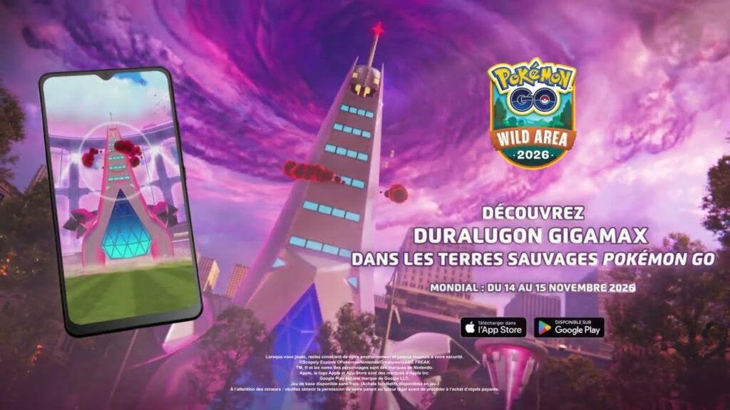 Écran de fin de la bande-annonce officielle : Duralugon Gigamax dans les Terres Sauvages Pokémon GO, du 14 au 15 novembre 2026