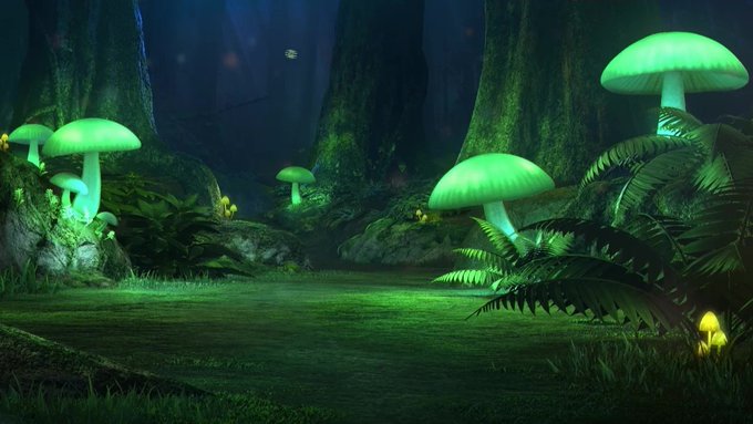 La Forêt de Lumirinth, éclairée par ses champignons luminescents.
