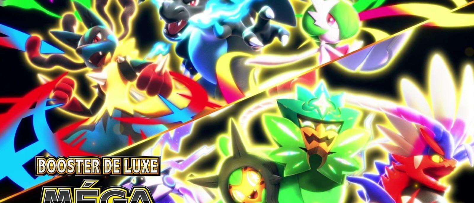Visuel du Booster de Luxe Méga du JCC Pokémon Pocket avec plusieurs Pokémon méga-évolués