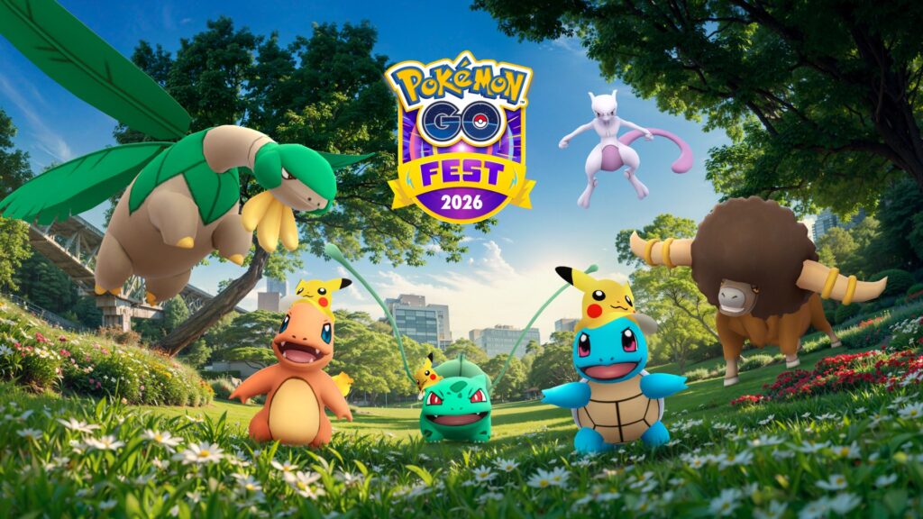 Visuel officiel du Festival Pokémon GO 2026 avec Mewtwo, Pikachu et plusieurs Pokémon dans un parc