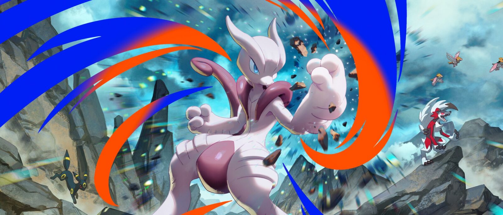 Illustration officielle de l'extension Fusion Double du JCC Pokémon Pocket avec Méga-Mewtwo X au centre