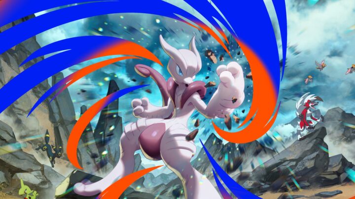 Illustration officielle de l'extension Fusion Double du JCC Pokémon Pocket avec Méga-Mewtwo X au centre