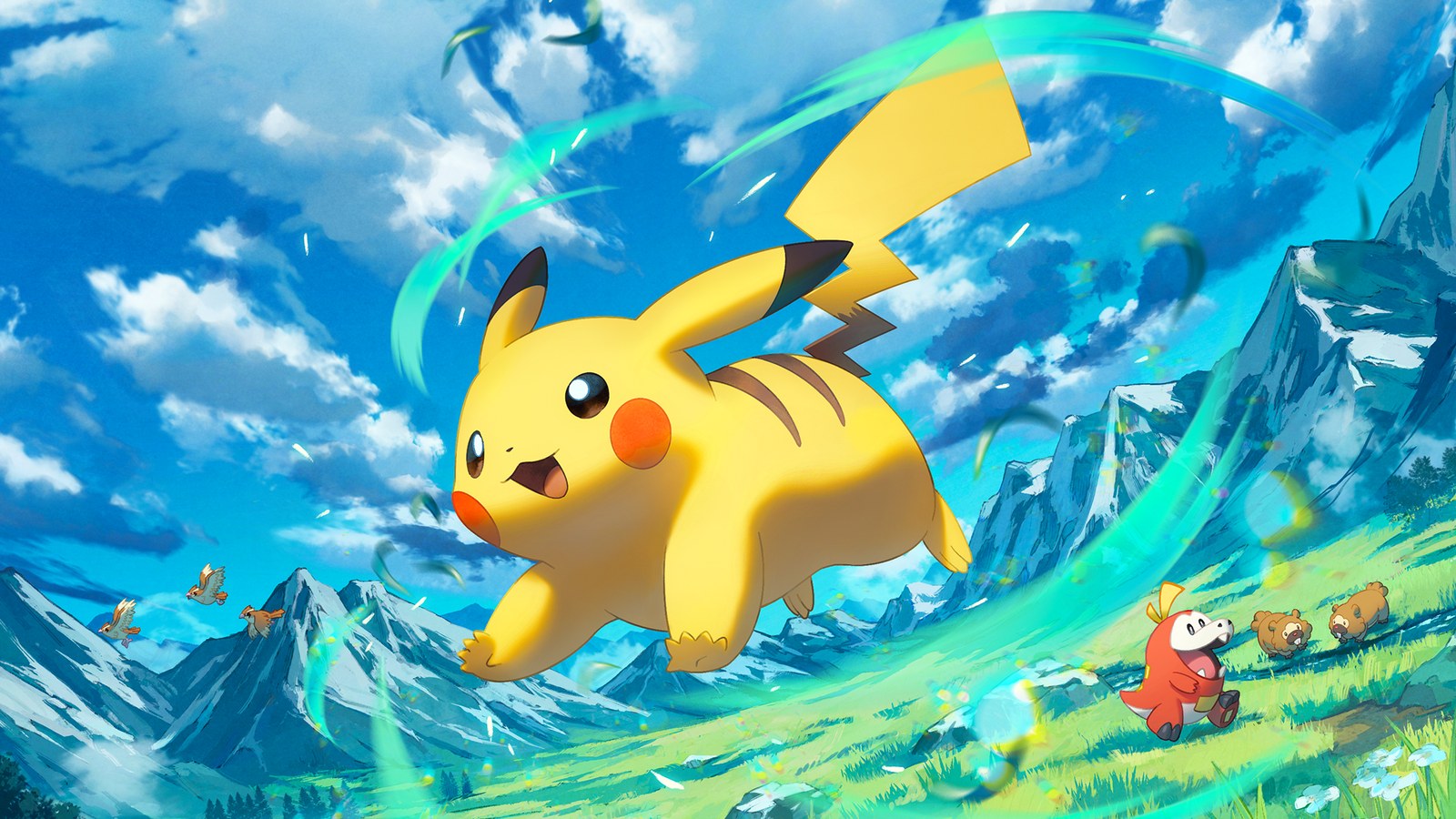 Illustration officielle de Pikachu courant dans une prairie pour l'extension Fusion Double du JCC Pokémon Pocket