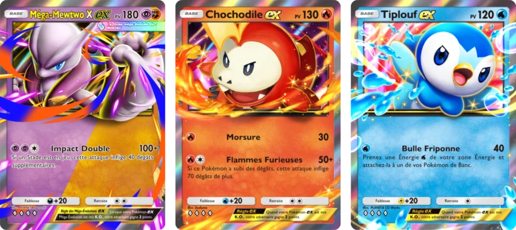 Cartes Méga-Mewtwo X-ex, Chochodile-ex et Tiplouf-ex du JCC Pokémon Pocket