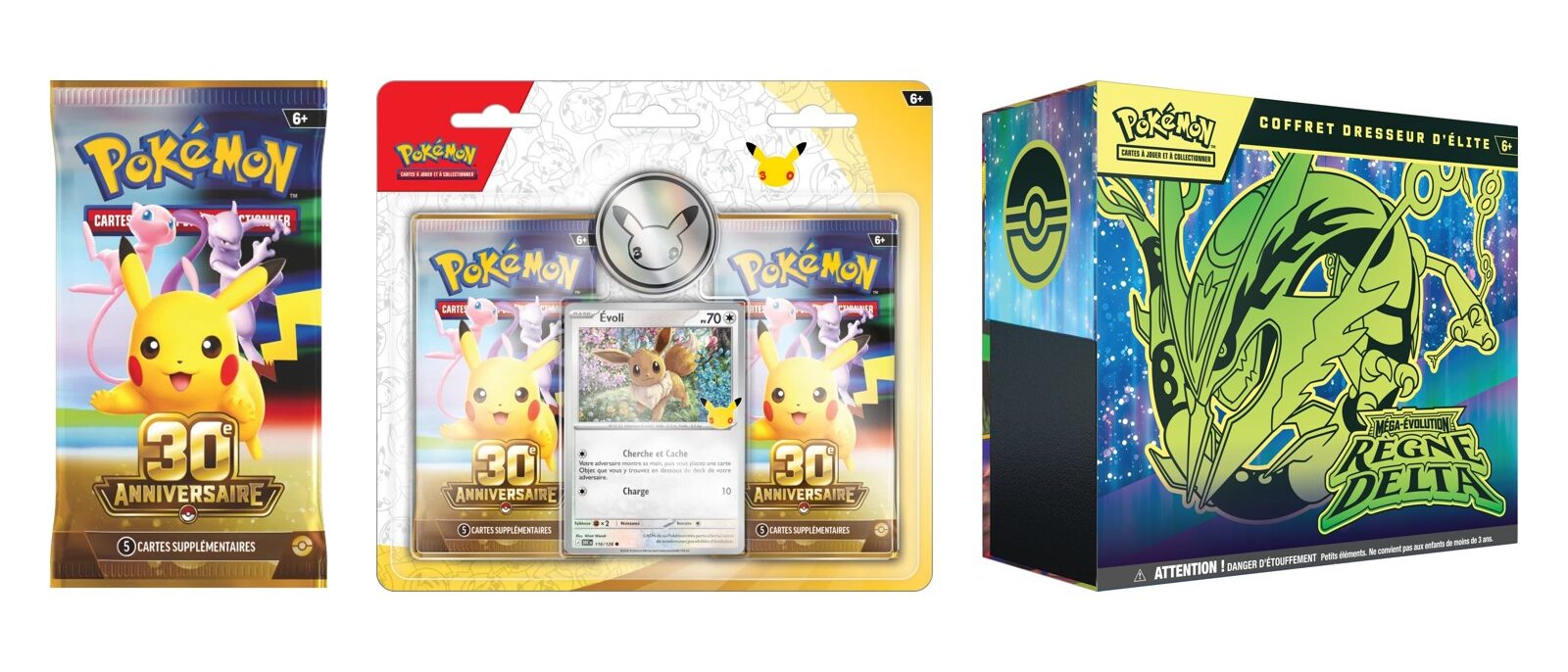 Un booster et un blister 30ᵉ Anniversaire à côté du Coffret Dresseur d'élite Méga-Évolution – Règne Delta