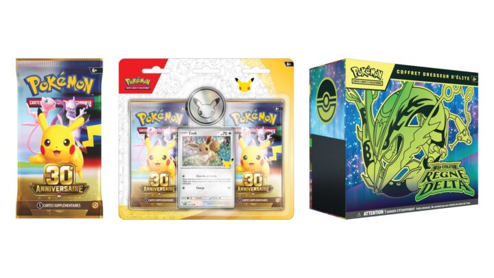 Un booster et un blister 30ᵉ Anniversaire à côté du Coffret Dresseur d'élite Méga-Évolution – Règne Delta