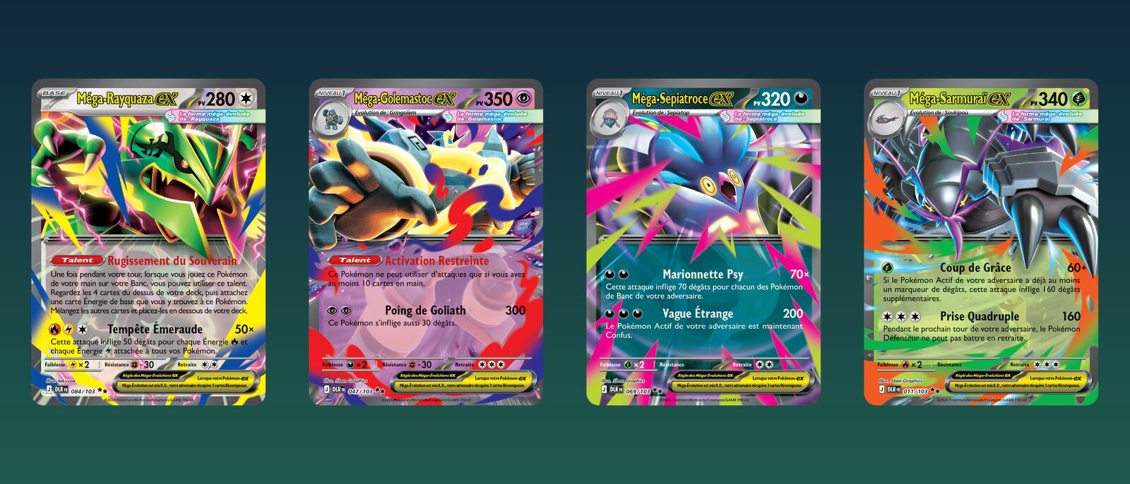 Les cartes Méga-Rayquaza-ex, Méga-Golemastoc-ex, Méga-Sepiatroce-ex et Méga-Sarmuraï-ex de l'extension Règne Delta