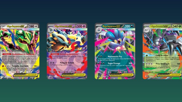 Les cartes Méga-Rayquaza-ex, Méga-Golemastoc-ex, Méga-Sepiatroce-ex et Méga-Sarmuraï-ex de l'extension Règne Delta