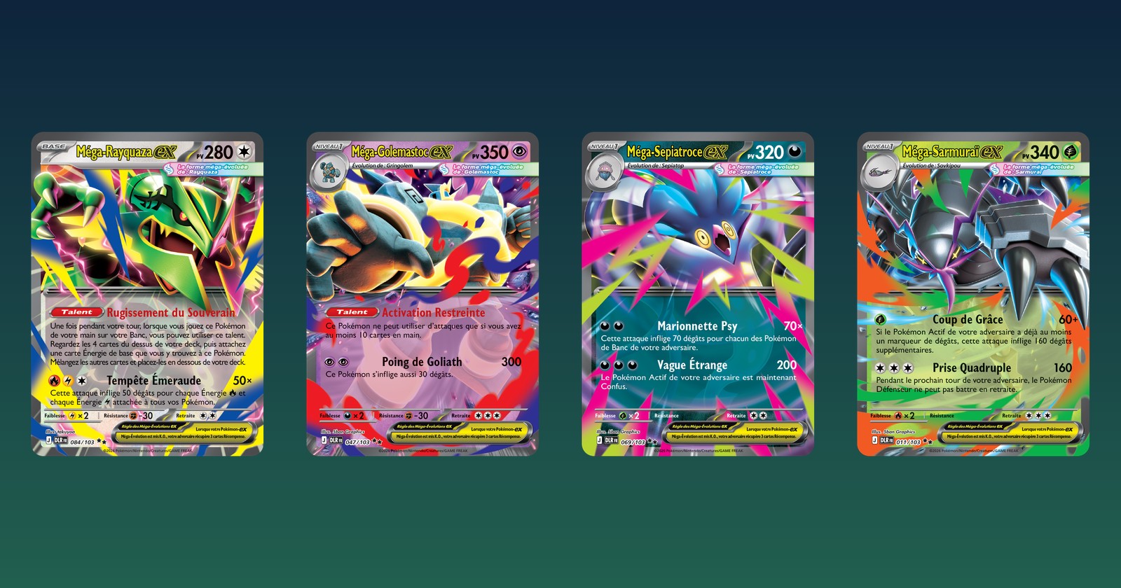Les cartes Méga-Rayquaza-ex, Méga-Golemastoc-ex, Méga-Sepiatroce-ex et Méga-Sarmuraï-ex de Règne Delta