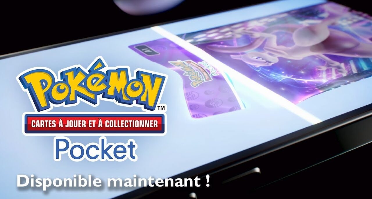 Le logo du JCC Pokémon Pocket devant un smartphone affichant une carte, tiré de la bande-annonce officielle