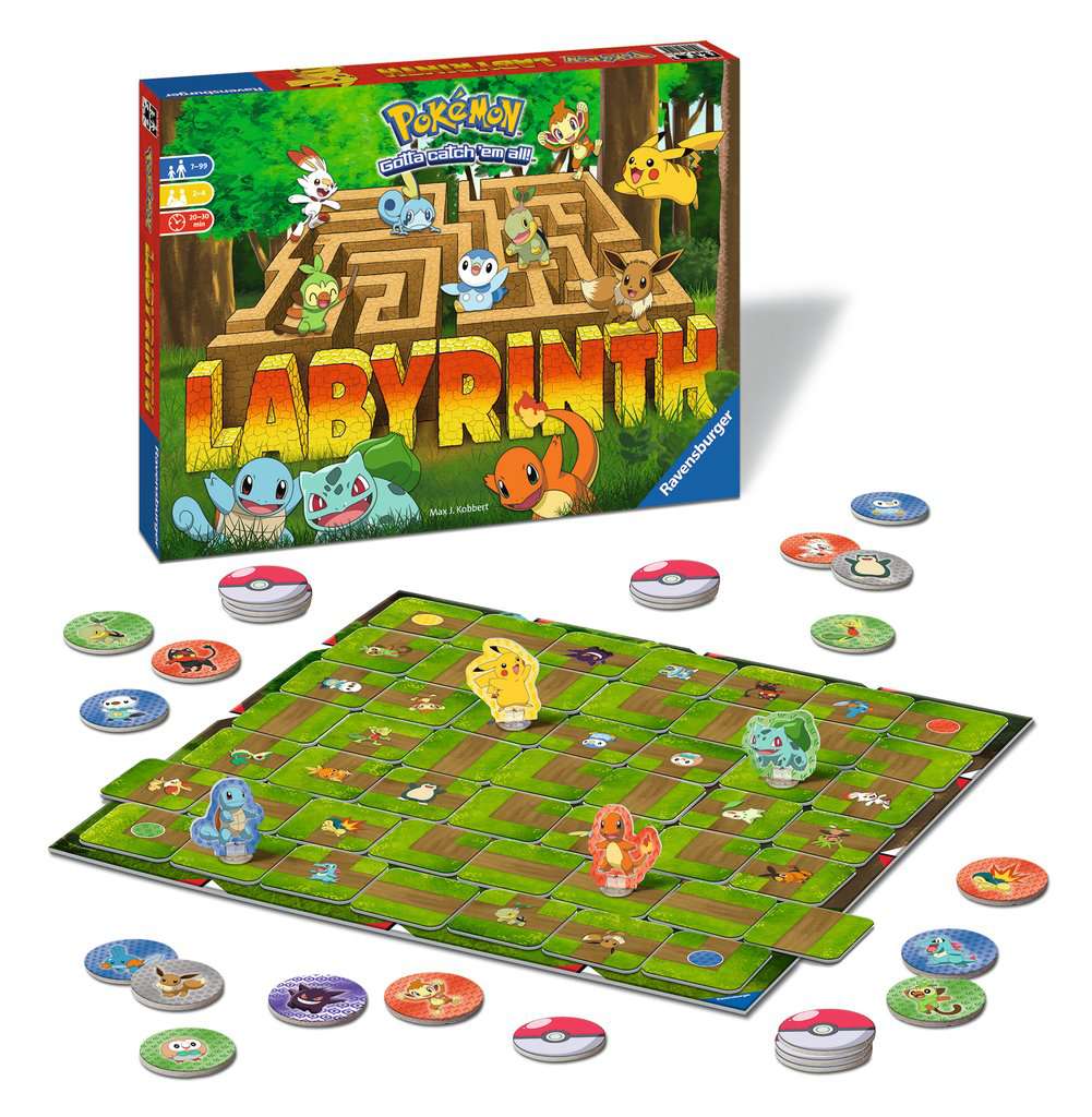 La boîte et le plateau du Labyrinthe Pokémon de Ravensburger, avec ses pions Pikachu, Bulbizarre, Salamèche et Carapuce