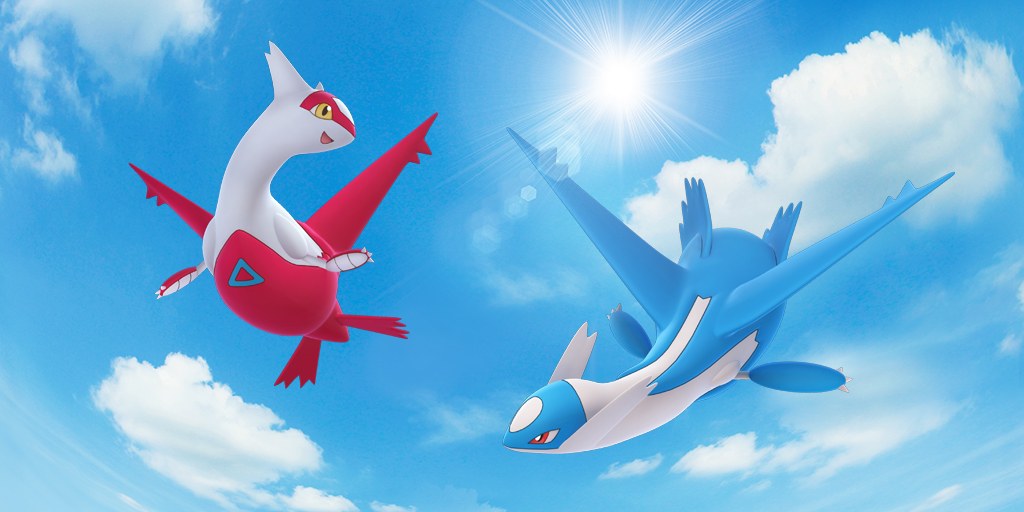 Latias et Latios volant dans le ciel, visuel officiel des Terres Sauvages Pokémon GO