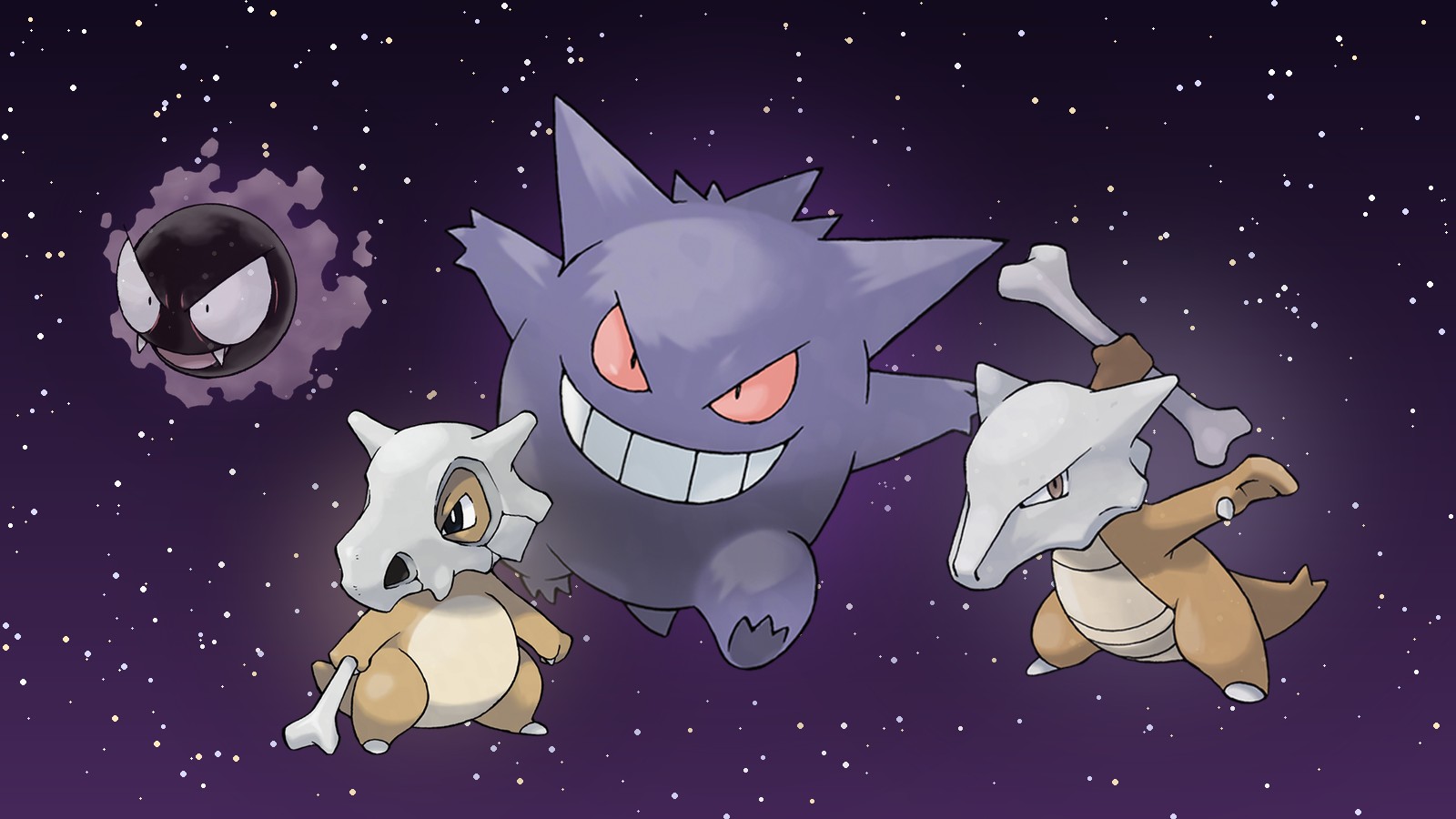 Ectoplasma, Fantominus, Osselait et Ossatueur sur un fond violet étoilé