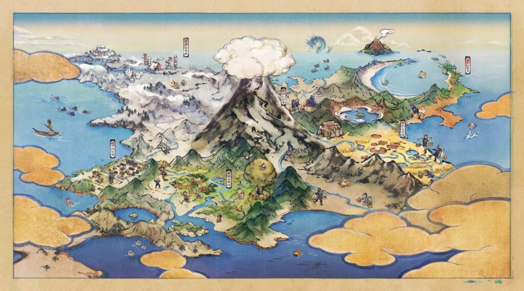 La carte de Hisui : cinq grandes zones ouvertes, un village au centre et le Mont Couronné dominant la région.