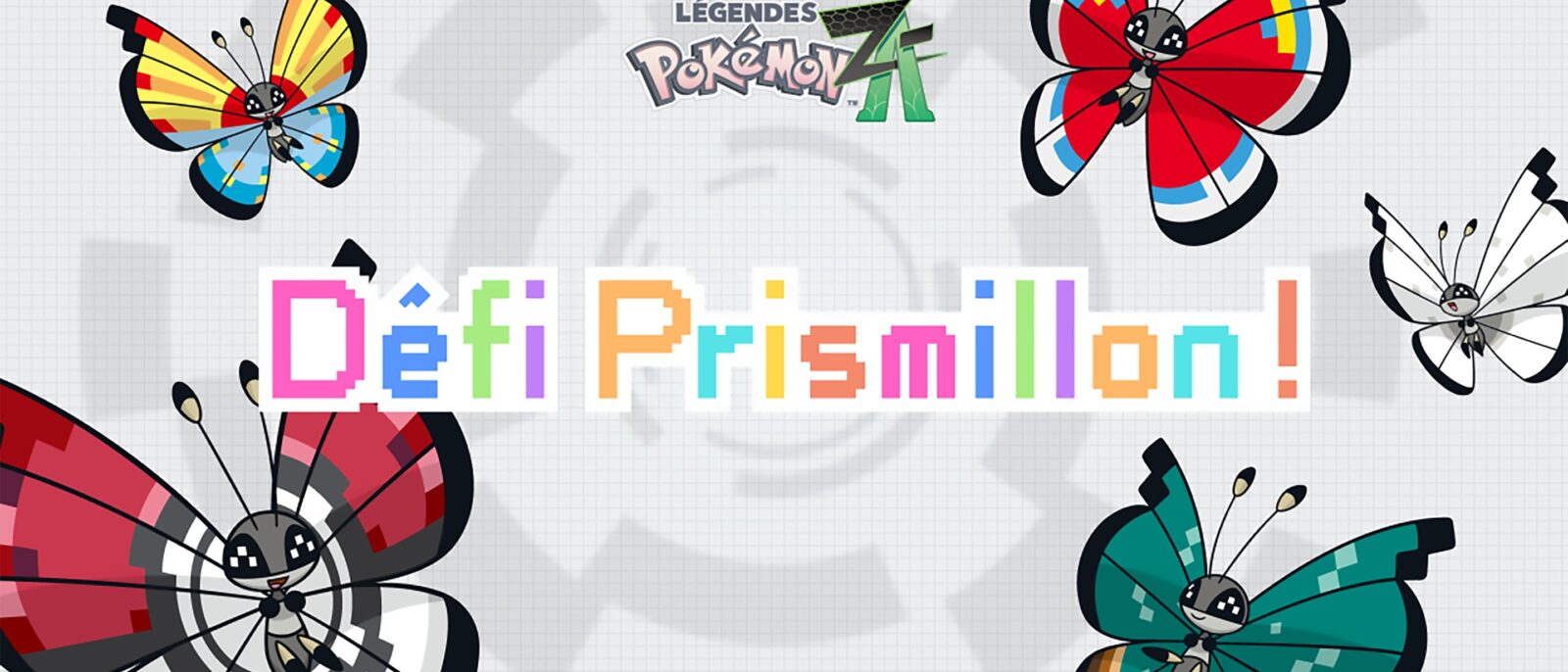 Visuel officiel du Défi Prismillon de Légendes Pokémon : Z-A, avec plusieurs motifs de Prismillon