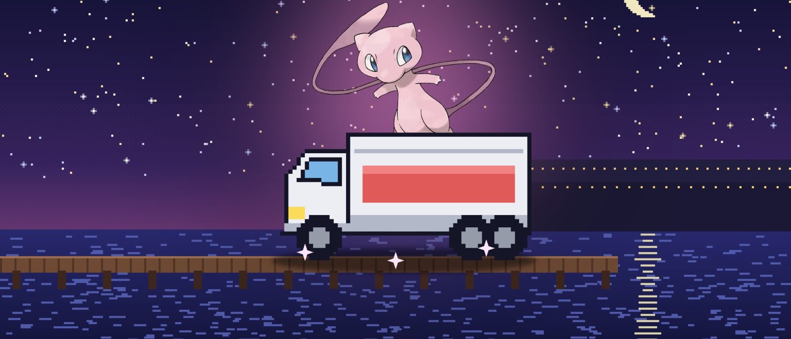 Mew caché derrière un camion sur un quai de port, la nuit, dans un décor en pixel art