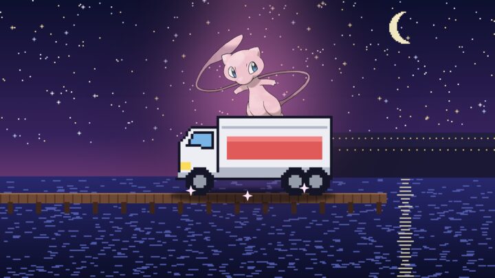 Mew caché derrière un camion sur un quai de port, la nuit, dans un décor en pixel art