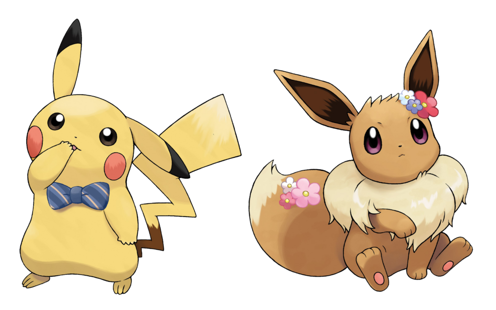 Pikachu et Évoli décorés d’accessoires.