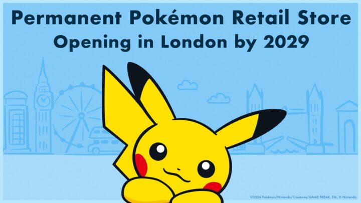 Visuel officiel annonçant l'ouverture d'un magasin Pokémon permanent à Londres d'ici 2029, avec Pikachu devant les monuments londoniens