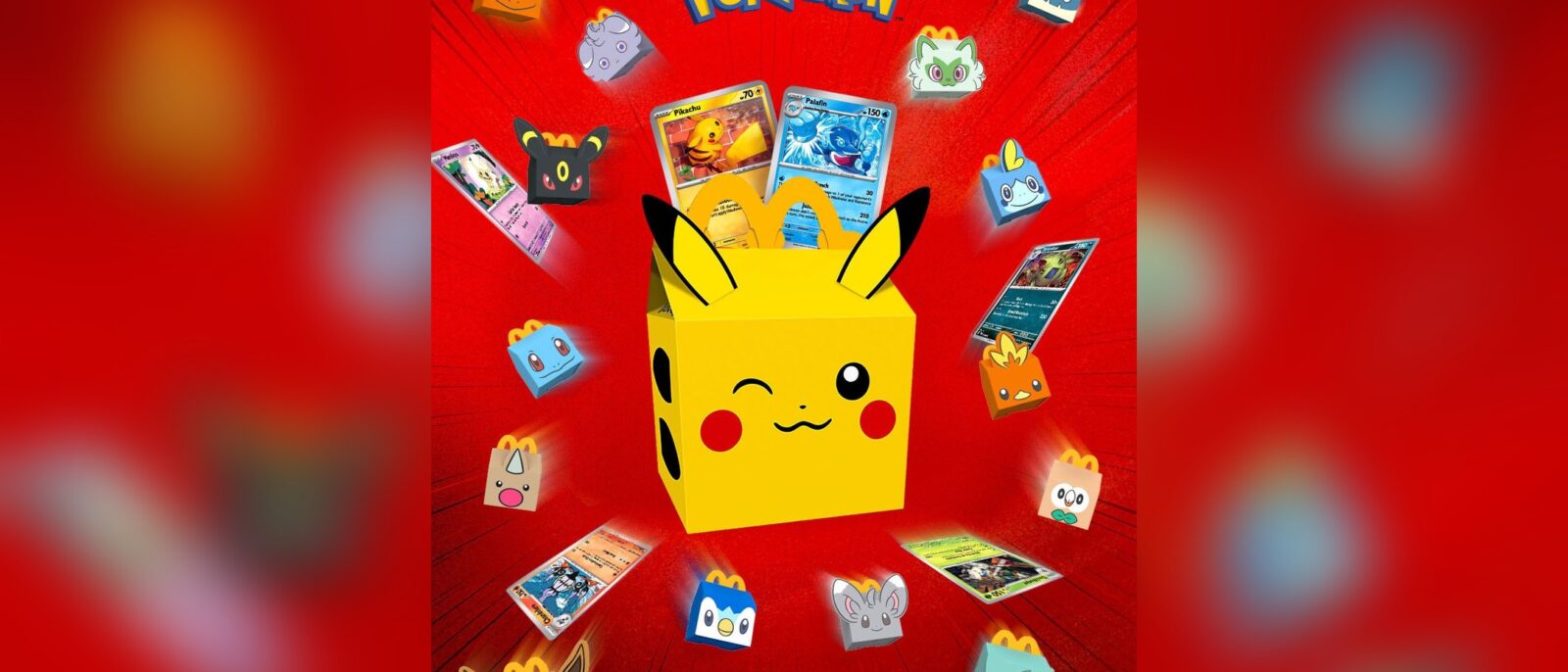 Visuel officiel du Happy Meal Pokémon 2026 de McDonald's : une boîte Pikachu entourée de mini-boîtes Pokémon et de cartes