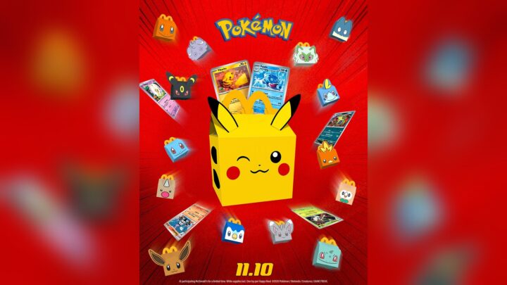 Visuel officiel du Happy Meal Pokémon 2026 de McDonald's : une boîte Pikachu entourée de mini-boîtes Pokémon et de cartes