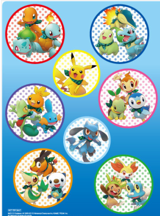 Les vingt Pokémon de départ, par génération, avec Pikachu et Riolu au centre.