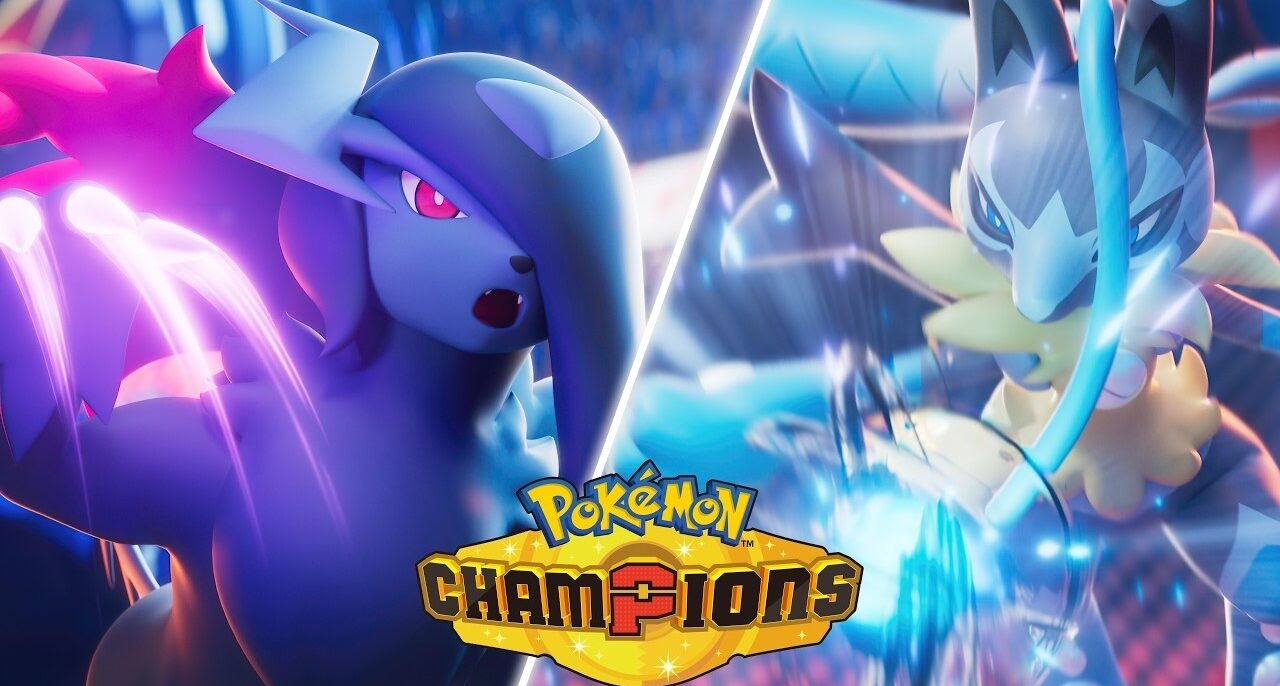 Des Pokémon méga-évolués devant le logo de Pokémon Champions