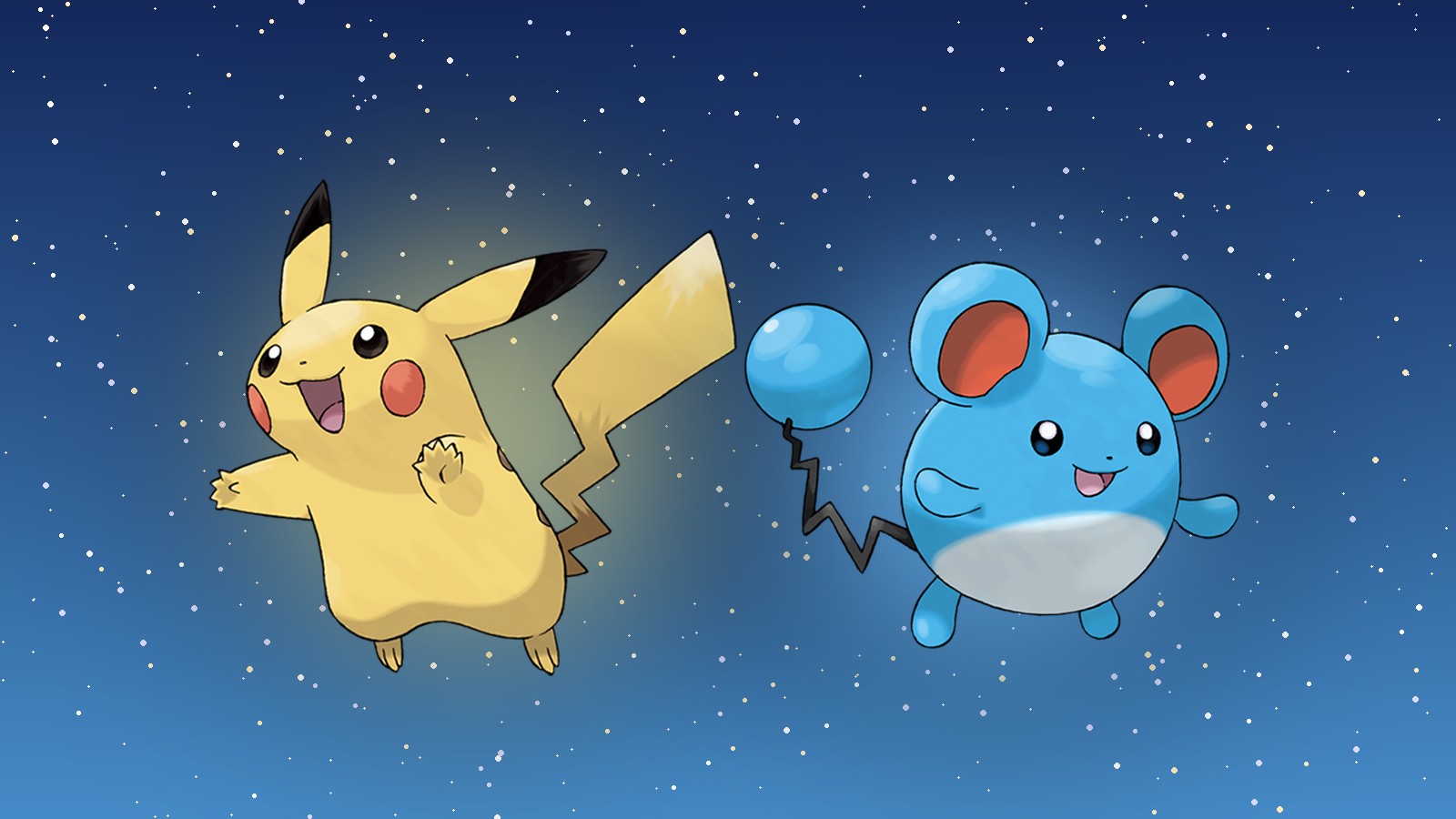 Pikachu et Marill côte à côte sur un fond étoilé