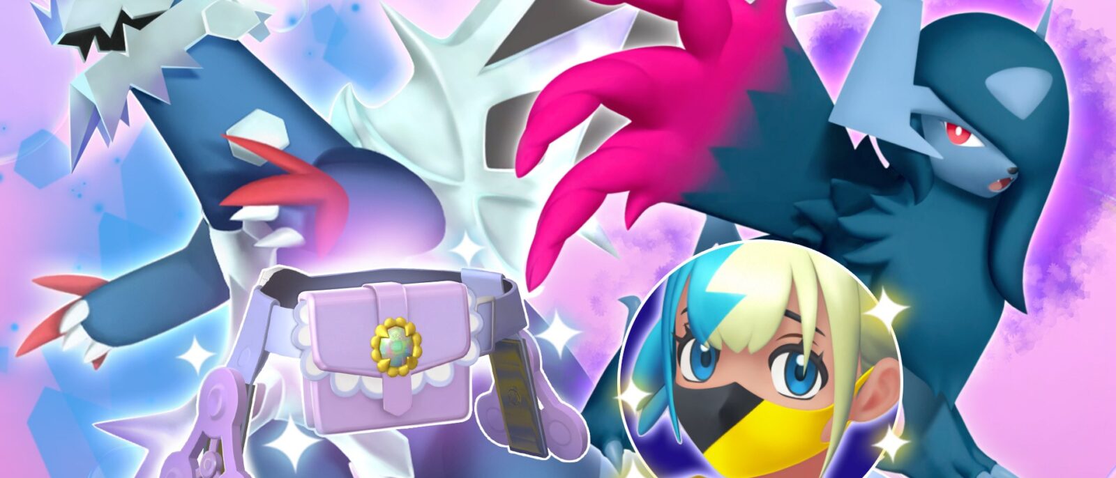 Glaivodo, Absol et la sacoche à joyau de Violine sur le visuel officiel du pass de combat de la saison M-7 de Pokémon Champions