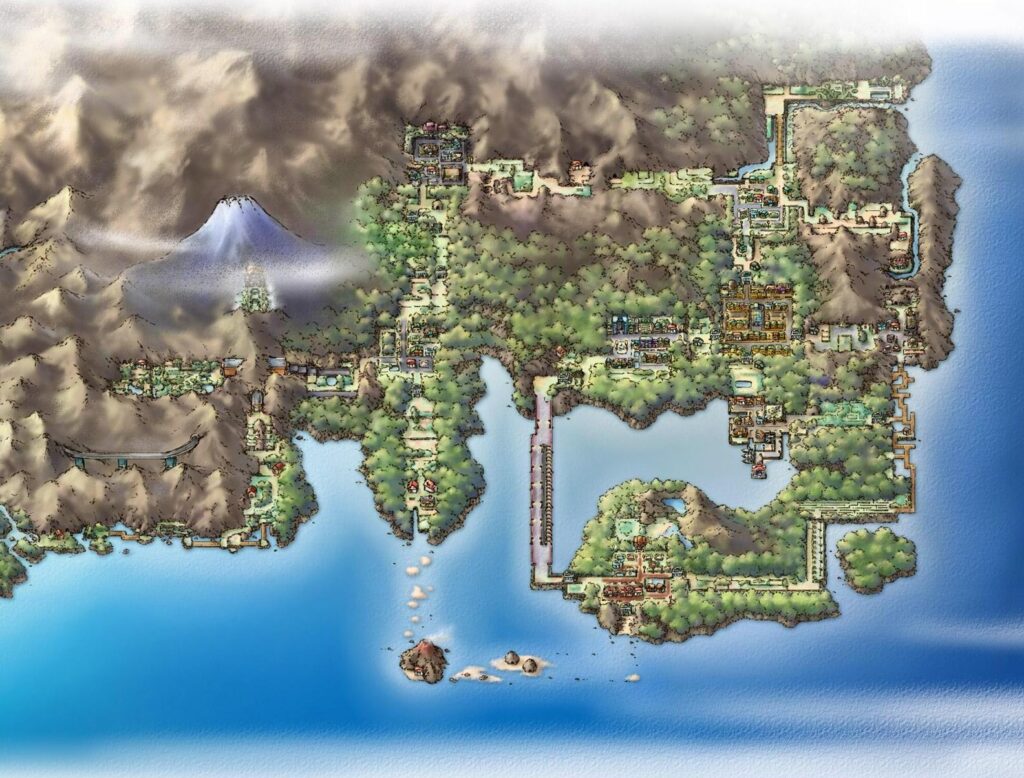 Kanto, la seconde région de l’aventure, et ses huit arènes.