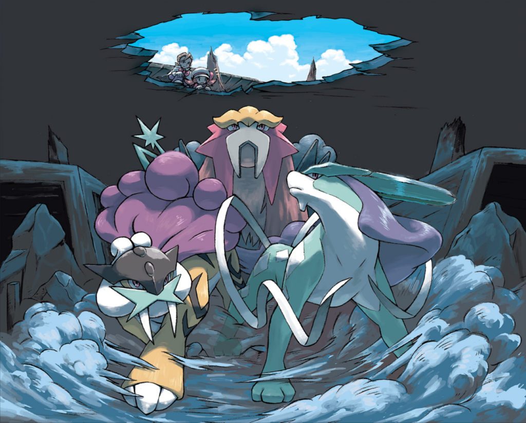 Raikou, Entei et Suicune dans les ruines de la Tour Cendrée.